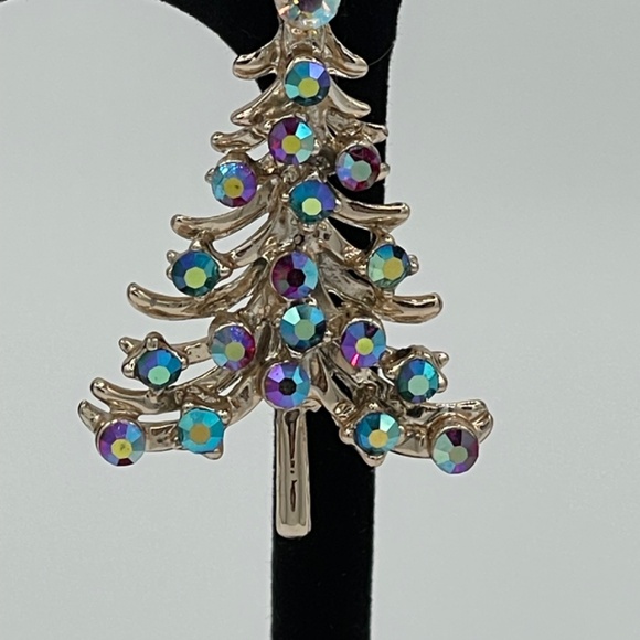 VTG Set Christmas Tree Brooch and Clip on Earrings Silver tone Multi Rhinestone - Picture 5 of 9